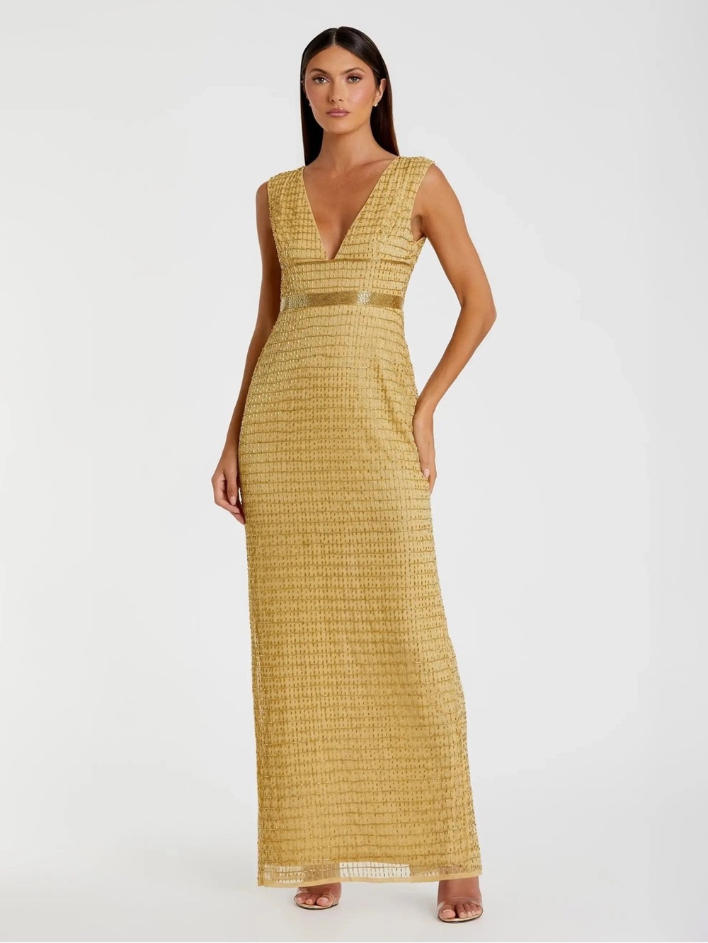 MAC DUGGAL Gold Beaded Cap Sleeve V Neck Column Gown